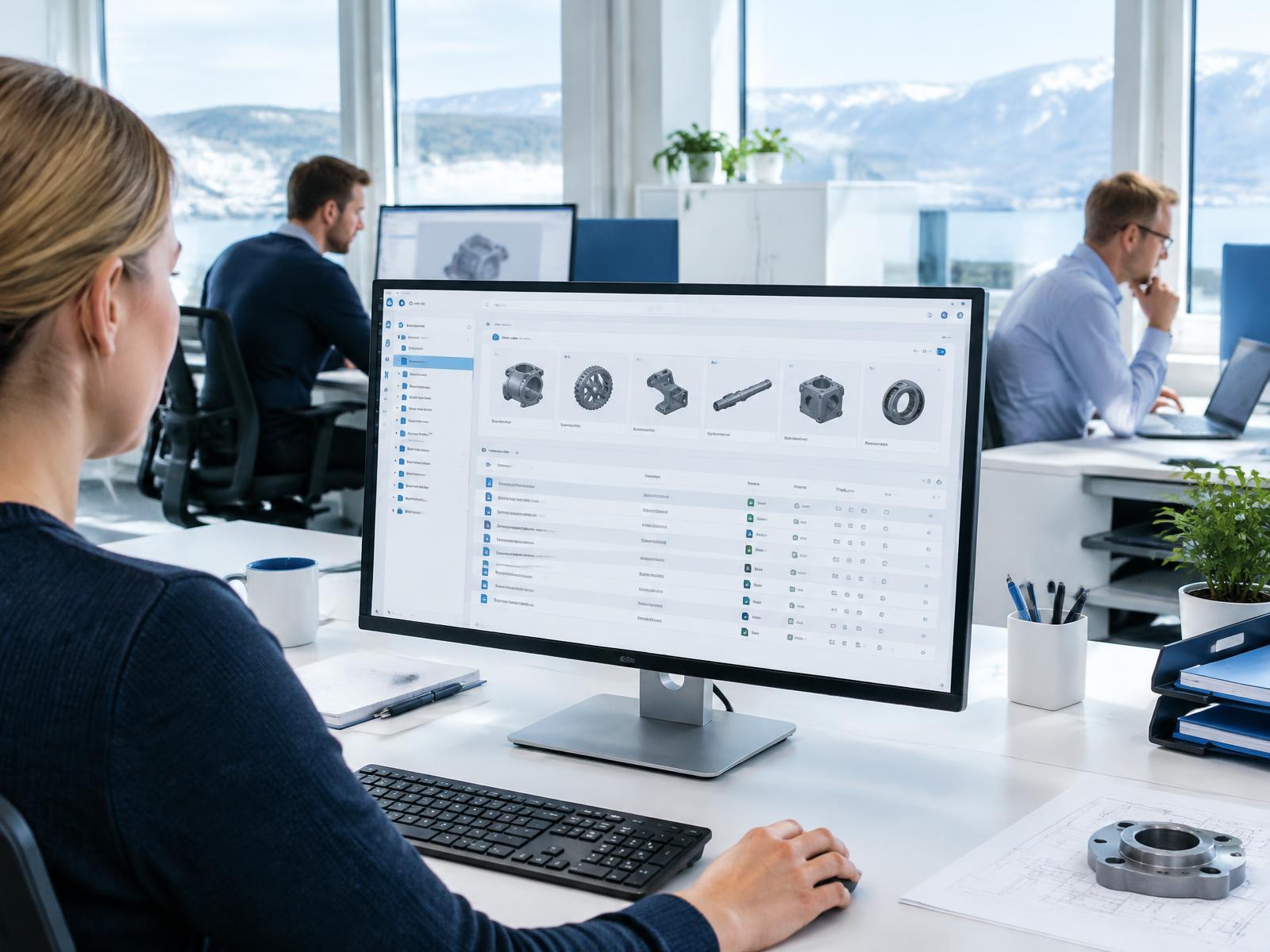 Illustration af engineering-team med adgang til tekniske dokumenter og produktdata