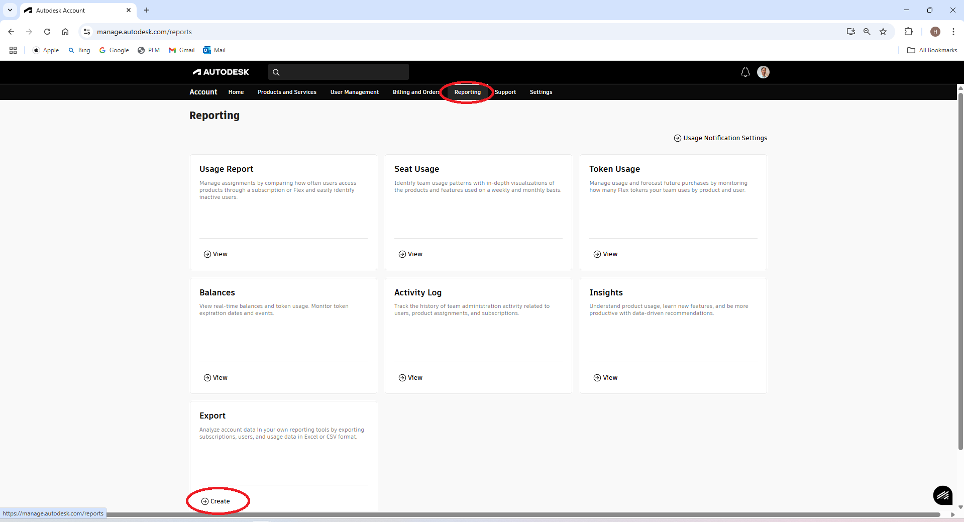 Autodesk Account: Reporting, Export og Create