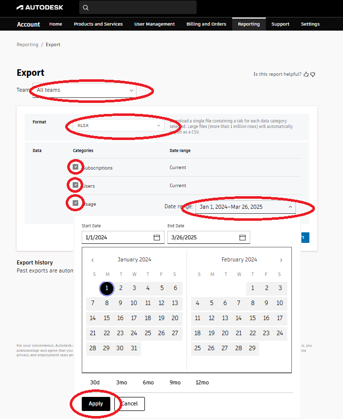 Eksportindstillinger med All teams, XLSX, Categories og Date range