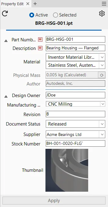Property Edit-panel med egenskaber for en del i Inventor